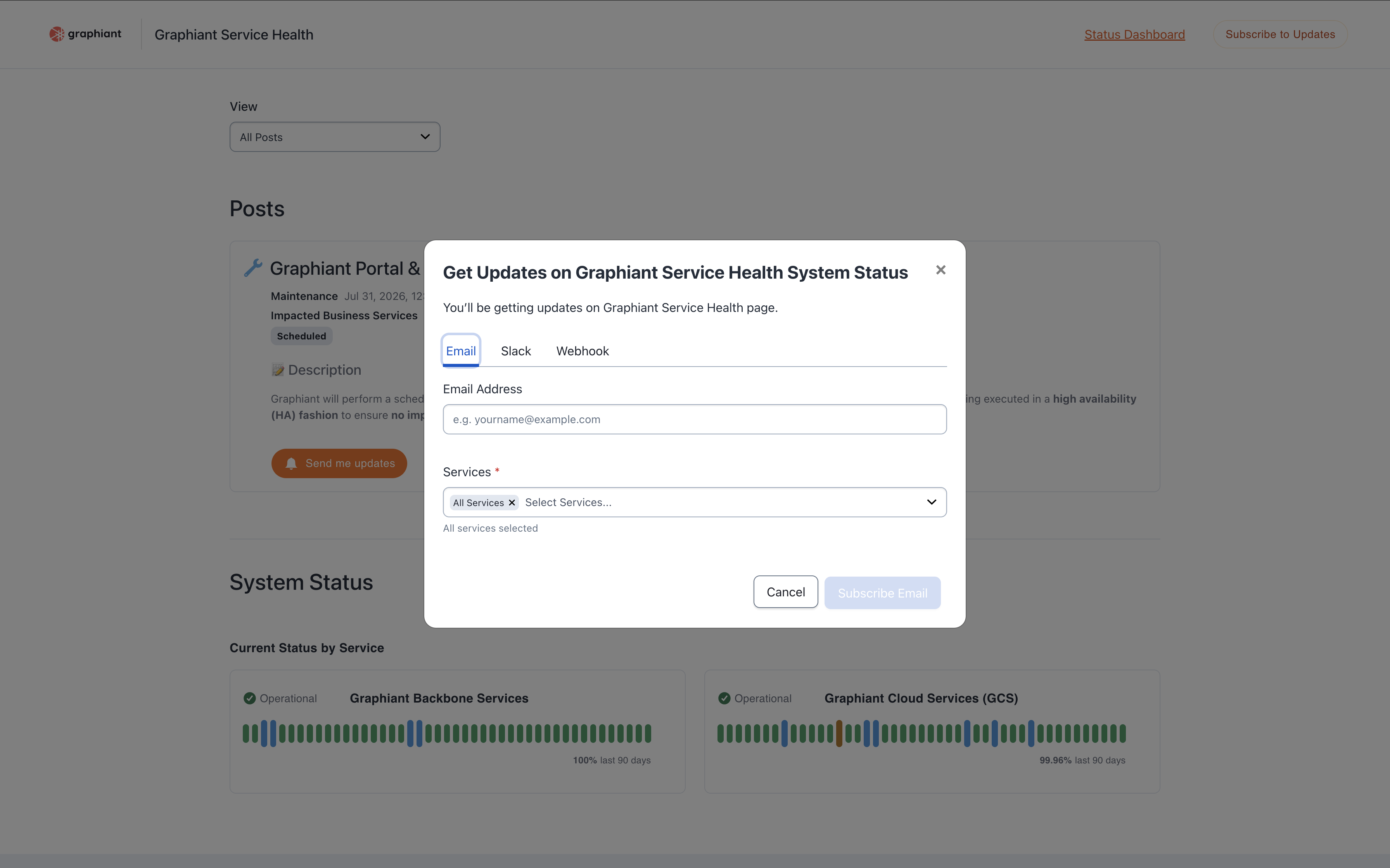 Subscription form for Graphiant Service Health updates with email and service selection options.